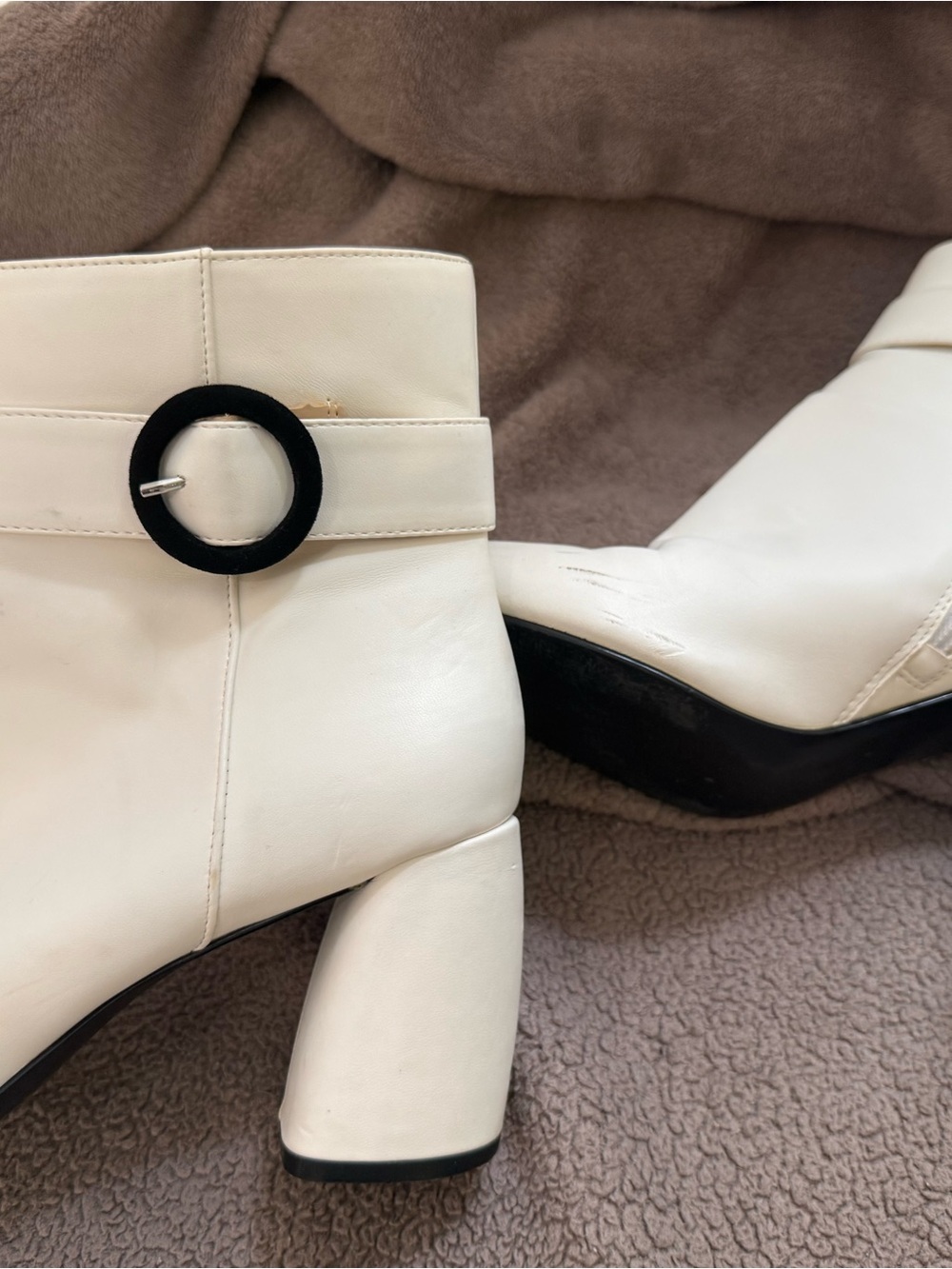 Nine West Cream Leather Ankle Boots with Black Ring Buckle,  2 & 3/4” heels
